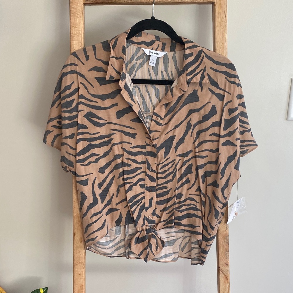 Nine West Tan and Black Animal Print Button Down Shirt